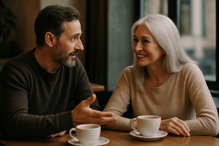 Mann und reife Frau in angeregtem Gespräch in einem Café – entspannte, authentische Atmosphäre