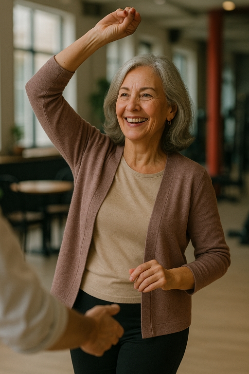 Reife Frau beim Tanzkurs, Fitnessstudio oder Café – aktiv und offen für neue Bekanntschaften