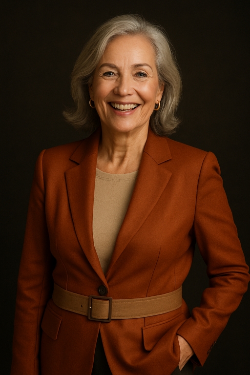 Selbstbewusste reife Frau, 60+, elegant gekleidet, strahlt Lebensfreude und Erfahrung aus