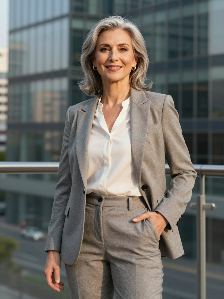 Selbstbewusste erfolgreiche reife Frau im Business-Look – finanzielle Unabhängigkeit und Stil
